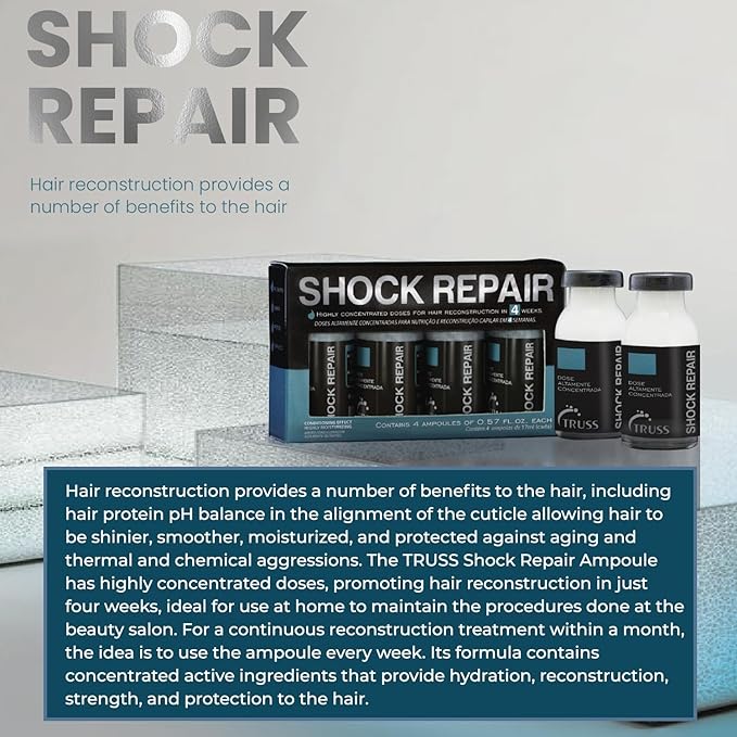 TRUSS Shock Repair - Damaged Hair Treatment Serum for Weekly Reconstruction + Ongoing Hair Repair - With Highly Concentrated Ampoules for Prime Hydration + Strength - (4 Week Supply)