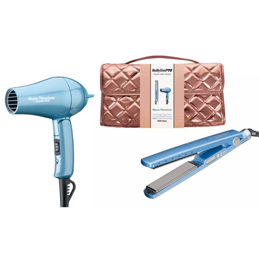 Rose Gold Quilted Bag with BabyLissPRO Nano Titanium Professional Straightener & Babyliss PRO Nano Titanium 1000 Watt Dryer